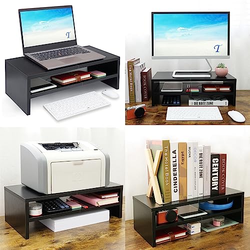 TEAMIX 2 Tiers Wooden Desktop Monitor Stand Riser 20 Inch Printer Stand with Double Storage Small TV Riser Laptop Keyboard Holder Business Desk Organizer Shelf Black Bookshelf - color: Black