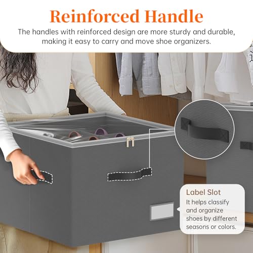 3 Pack Shoe Organizer for Closet, Foldable Shoe Storage Containers, Fits up to 24-48 Pairs, Shoe Storage Organizer Box Cubby Baskets Bins with Clear Cover and Reinforced Handles, Gray - color: 3Pack Gray