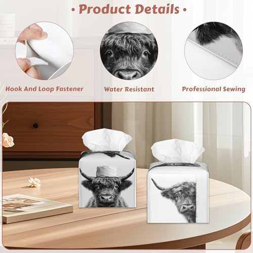 2 Pcs Tissue Box Cover Square,Funny Highland Cow Tissue Box Holder Leather Facial Paper Organizer Dispenser for Bathroom Kitchen Bedroom Night Stand Office Desk - color: Funny Highland Cow