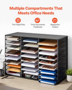 VEVOR Literature Organizer, 27 Compartments Metal Office Mailbox with Detachable Wire Mesh, Mailbox Sorter with Wooden Top, Countertop Office Home Storage Organizer for File, Document, Paper, Black