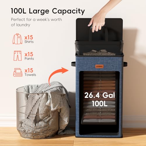 100L Laundry Hamper with Lid, Large Clothes Hampers with Removable Bag, Collapsible Laundry Basket for Bathroom, Bedroom, Laundry Room, Dorm, Navy Blue - color: Navy Bule, size: 100L - 1 Section