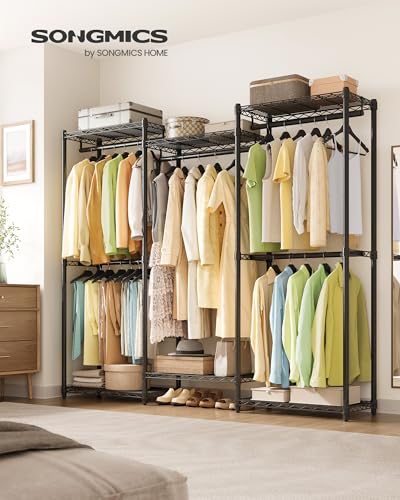 SONGMICS Heavy-Duty Clothes Rack, Garment Rack, Portable Closet, 68.7-Inch Wide Clothing Rack with Adjustable Mesh Shelves and Hanging Rails, Ink Black ULGR433B01 - color: Ink Black, size: 68.7"L x 76"H, style: Without Fabric Cover