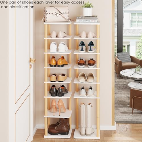 LUCKNOCK Vertical Shoe Rack, 8-Tier Tall Narrow Shoe Organizer for Entryway, Closet, Dorm & Small Spaces, Freestanding Wooden Shoe Shelf Tower for Boots, Sneakers, Heels. (White) - color: white