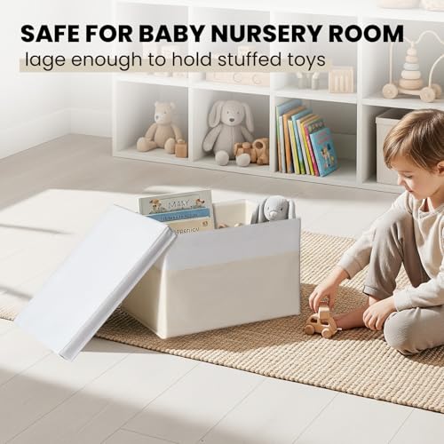 Large Nursery Closet Organizer Bins with Lids 4 Pack - 23 QT Decorative Storage Baskets for Living Room Bedroom Shelf - Stackable Storage Boxes with Lids Handles for Clothes Sweater Book Towel Purse - color: White with Beige, size: 4pcs-Large