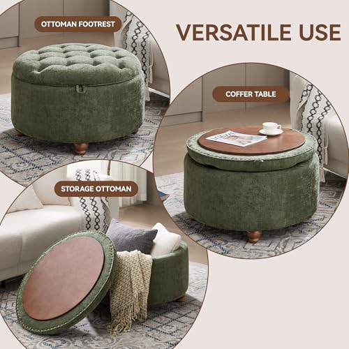 WUTUTUEE 30Inch Round Storage Ottoman with Tray, Modern Tufted Circle Coffee Table with Storage, Upholstered Ottoman with Removable Top for Living Room, Bedroom, Chenille Green - color: Chenille Green, size: 30 Inch