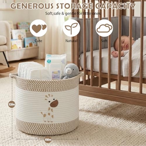 Baby Laundry Basket for Nursery, Baby Storage Baskets, Soft Foldable Cotton Rope Bin with Cute Embroidered Designs for Home Toys Organizer - color: Giraffe