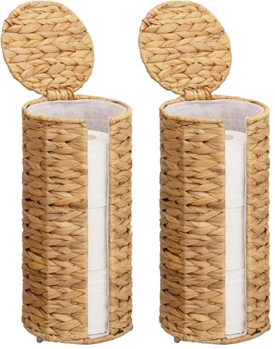 StorageWorks Water Hyacinth Free Standing Toilet Paper Holder Stand for Bathroom, 3 Rolls of Toilet Tissue Storage with a Built-in Cloth Lining, Toilet Roll Holder Stand with Lid (Pack of 2) - color: Natural（water Hyacinth）, size: 6¾"D(For 3 Roll) (Pack o