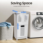 2 Tier Vertical Rolling Laundry Cart, with 3 Removable PP Hollowed Out Laundry Hampers for Laundry, Towels, Blankets and Bathroom Organization, 17.32 x 12.2 x 29.13 inch