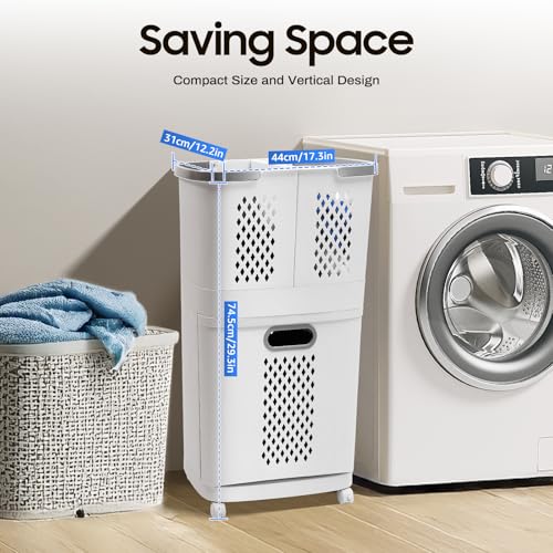 2 Tier Vertical Rolling Laundry Cart, with 3 Removable PP Hollowed Out Laundry Hampers for Laundry, Towels, Blankets and Bathroom Organization, 17.32 x 12.2 x 29.13 inch