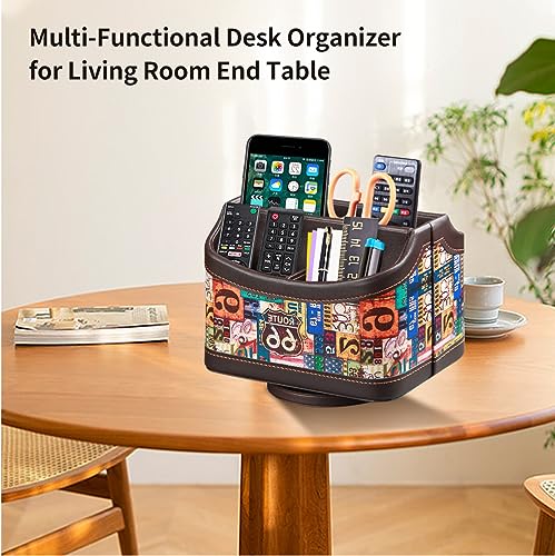 PUSU Remote Control Holder, Colorful Pattern Nightstand TV Caddy, PU Leather 360 Degrees Rotatable Desktop Organizer Storage Box for TV Remotes/Media Controllers/Office Supplies - color: highway