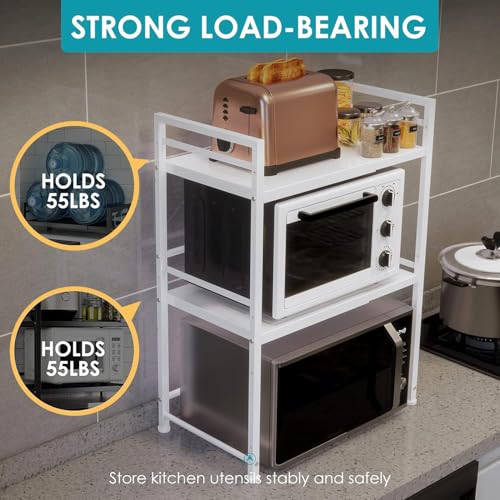 DOLALIKE Microwave Oven Rack, Expandable Microwave Stand Kitchen Countertop Organizer Utensils Storage, Carbon Steel Over Microwave Shelf with 3 Hooks (White, 3 Tier) - color: White, size: 3 Tier (Without Spice Rack)