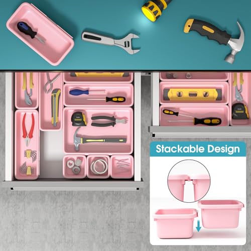 10 PCS Drawer Organizer Set, 4 Size Makeup Drawer Divider Organizer With Non-Slip Pads, Interlocking Plastic Storage Bins for Office,Jewelry Vanity,Gadgets, Bathroom,Kitchen, Pink - color: Pink, size: 10Pack