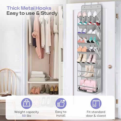MISSLO Clear Over the Door Shoe Organizer Large Deep Pockets Hanging Shoe Rack for Closet Fit 20 Pairs Shoe Holder for Sneakers Boots Storage，Grey - color: Grey