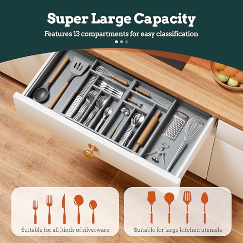 Silverware Organizer Large, Magnetic Connected Expandable 13 Slots Silverware Drawer Organizer from 21 to 37.4 Inches, Adjustable Flatware and Cutlery Holder, Bamboo Utensil Tray for Kitchen Gray - color: Gray, size: 13 Slots