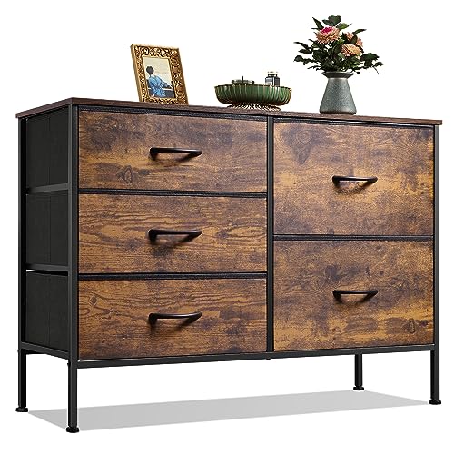 WLIVE Dresser for Bedroom with 5 Drawers, Wide Chest of Drawers for Bedroom, Fabric Dresser for Living Room, Closet, Hallway, Rustic Brown Wood Grain Print - color: Rustic Brown Wood Grain Print