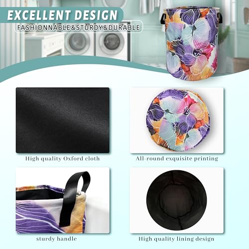 Abstract Watercolor Floral Laundry Basket Foldable With Handles Tote Bag Oxford Cloth Flowers Laundry Hamper Clothes Storage Bucket Toy Organizer 18.9" x 16.5" For Bathroom/Laundry/Bedroom - color: Abstract Watercolor Floral Print