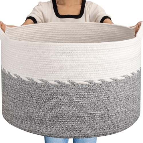 OIAHOMY 125L Extra Large Blanket Basket, 25" x 16", Jumbo Laundry Hamper, Cotton Rope Basket with Handles for Living Room,Baby Toy Basket for Storage, Grey - color: Grey, size: 25" x 25" x 16"