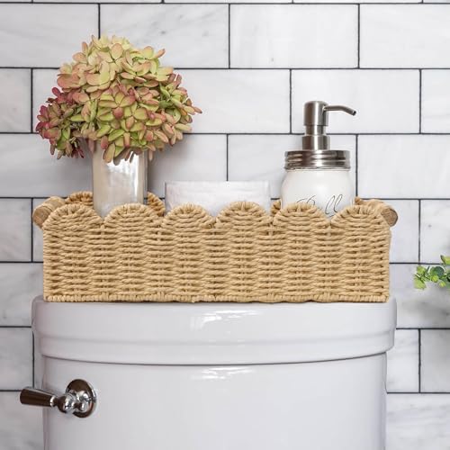 CubesLand Scalloped Edge Toilet Paper Storage Basket, Living Room Home Cozy Decor Basket, Paper Rope Small Baskets for Over Toilet Storage Shelf, End Table, Shelves, with 2 Wooden Handles, Beige - color: Beige, size: M - 14"L x 6.3"W x 3.9"H