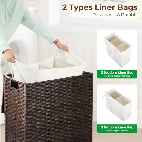 Greenstell Laundry Hamper with Lid, 125L Wicker Laundry Baskets with 2 Removable Liner Bags & 5 Mesh Laundry Bags, Handwoven Rattan Clothes Hamper with Handles for Clothes in Bathroom, Bedroom - color: Light Brown