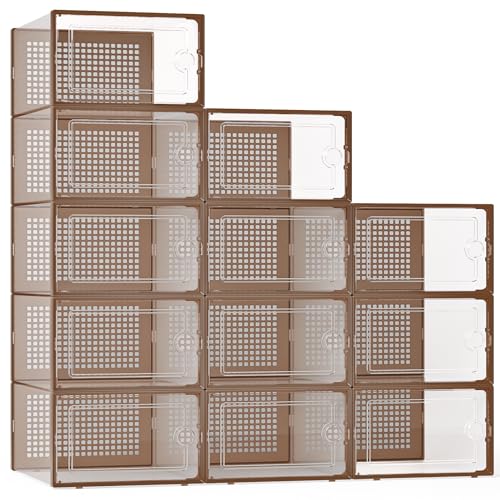 Kuject X-Large Shoe Storage Boxes Organizers for Closet 12 Pack, Fit Size 11,Clear Plastic Stackable Sneaker Containers for Entryway, Space Saving Shoe Rack, Brown - color: Brown, size: X-Large