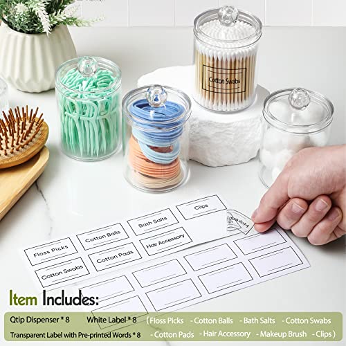 AOZITA 8 Pack Acrylic Qtip Holder Dispenser with Lids & Labels, Cotton Swab, Ball, Round Pads, Floss Picks Storage Canister - Clear Plastic Apothecary Jar for Bathroom Vanity Makeup Organizer - color: Clear, size: 8 Pack