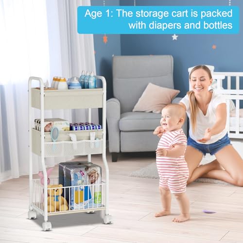 3-tier Baby Diaper Caddy Organizer and Storage Cart with 4+3 Dividers, Metal Utility Cart with Lockable Wheels for Nursery, Bedroom, Bathroom, White - color: White