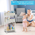 3-tier Baby Diaper Caddy Organizer and Storage Cart with 4+3 Dividers, Metal Utility Cart with Lockable Wheels for Nursery, Bedroom, Bathroom, White - color: White