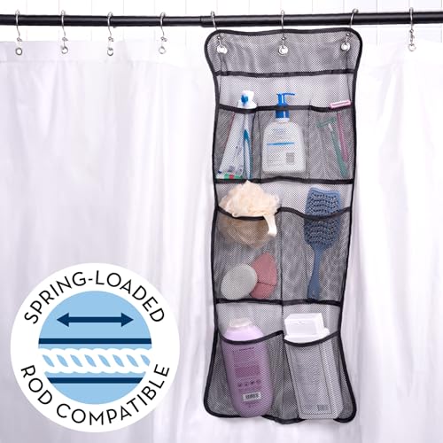 S&T INC. Shower Organizer, Shower Caddy or Bathroom Organizer with Quick Drying Mesh, 7 Pockets to Hold Shampoo, Soap, Loofah, and Cruise Ship Essentials, 14 Inch by 30 Inch, Black, 1 Pack - style: 1 Pack-Black