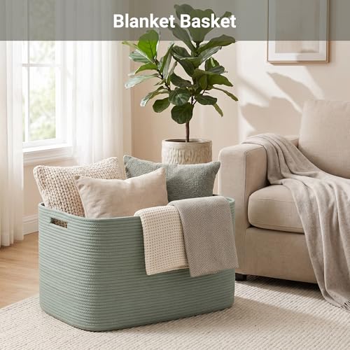 75L Green Cotton Rope Storage Basket, Large Rectangle Laundry Hamper with Handles, 22”x17”x12” Woven Blanket and Toy Basket for Living Room, Bedroom and Nursery - color: Green