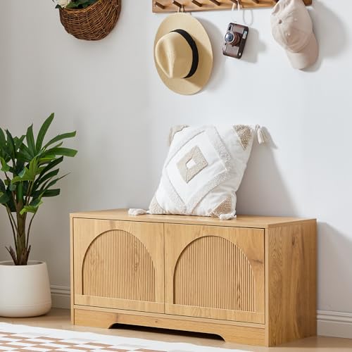 BERRYMERRY 39.4" Fluted Shoe Storage Bench for Entryway,2 Tier Shoe Cabinet Bench with Adjustable Shelf,Bench for Bedroom End of Bed (Natural, 13.8”D x 39.4”W x 18.5”H) - color: Natural