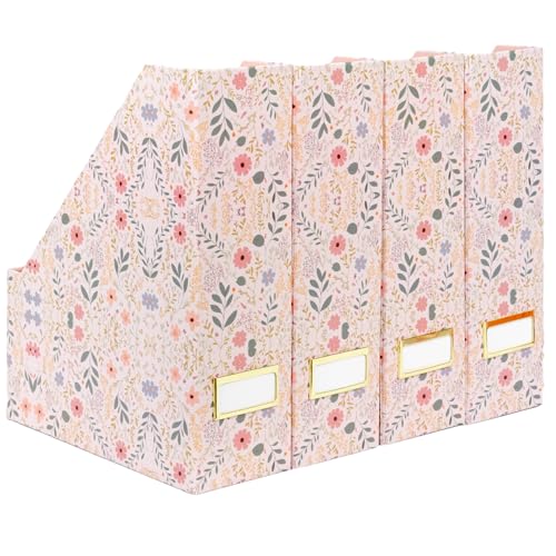 BLU MONACO | Cardboard Magazine File Holder Set of 4 | Standing File Holder with Floral Boho Design | Foldable Cardboard Bins for Shelves Desk Office Storage - color: Floral BOHO