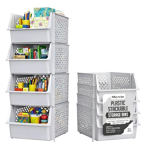 TidyFriend Stackable Storage Bins for Pantry, 4 Pack Stackable Bins For Organizing Food, Kitchen, and Bathroom Essentials (Light Grey) - color: Light Grey, size: 4 Pack