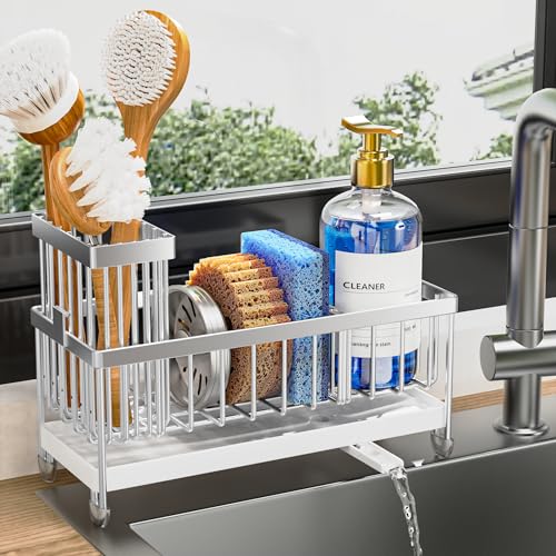Cisily Sponge Holder for Kitchen Sink, Sink Caddy Organizer with High Brush Holder, Kitchen Countertop Organizers and Storage Essentials, Rustproof 304 Stainless Steel (Silver, 9.25″) - color: Silver