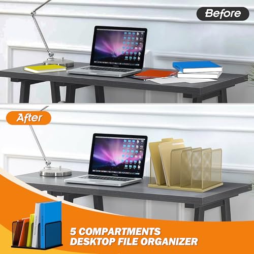 Kuntine.B Desk File Organizer Upright Mesh Desktop Organizer File Sorter Office Organization File Holder for Home, Office & Classroom (Gold, 1 Pack 5-Section) - color: Gold, size: 1 Pack 5-Section
