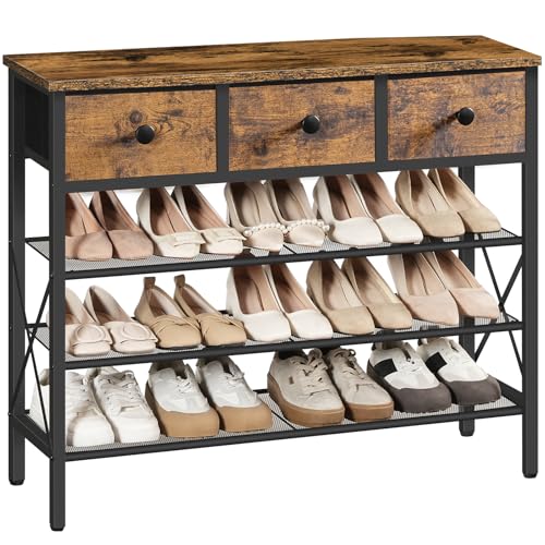 YATINEY 4-Tier Shoe Rack with 3 Drawers, Metal Shoe Organizer for 15 Pairs with Storage Shelves and Wooden Top, for Entryway, Hallway, Foyer, Closet, Rustic Brown and Black SS34BR - color: Rustic Brown + Black, size: 4 Tiers (31.2"H)