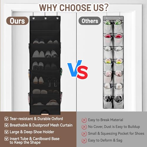 7 Tier Over The Door Shoe Organizer, Hanging Shoe Rack for Closet with Dustproof Mesh Curtain & 6 Side Pockets, Behind The Door Narrow Shoe Holder Hanger for Sneakers, Boots (Black) - color: Black