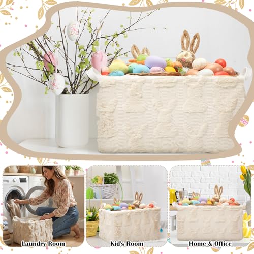 Kathfly Beige Rabbit Storage Baskets Easter Bunny Laundry Basket Plush Faux Fur Jacquard Design with Handles Waterproof Storage Bins Fabric Shelf Baskets for Easter Party Decorations - style: Beige Rabbit