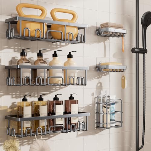 Veken Shower Caddy 6-Pack, No Drilling & Rustproof, Waterproof Adhesive Shelves Rack with Soap Holder, Large Capacity Bathroom Organizers and Storage, Wall-Mounted Kitchen & Home Decor, Silver Gray - color: M. Silver Gray