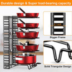 Pots and Pans Organizer for Cabinet with 2 Hooks, Adjustable Pot and Pan Organizer Rack for Cabinet 8 Tiers Durable Steel Construction Pot Rack Space Saving Kitchen Storage