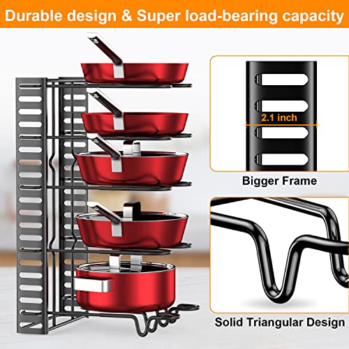 Pots and Pans Organizer for Cabinet with 2 Hooks, Adjustable Pot and Pan Organizer Rack for Cabinet 8 Tiers Durable Steel Construction Pot Rack Space Saving Kitchen Storage