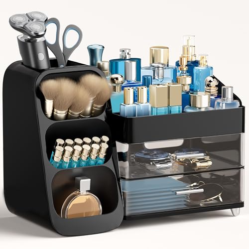 HBlife Cologne Organizer for Men Makeup Organizer with Brush Holder for Vanity, Large Plastic Bathroom Countertop Organizer Skin Care Storage, Fathers Day Gift for Dad Husband, Black - color: Black, size: Large