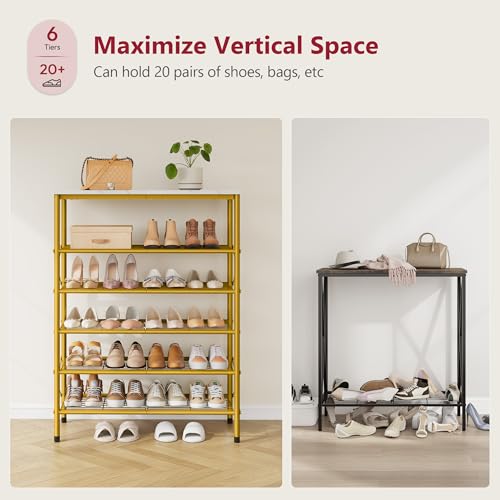 Tajsoon 6 Tier Shoe Rack Organizer for 20-24 Pairs of Shoes, Metal Mesh Shoe Shelf for Closet, Industrial Shoe Rack for Entryway Shoe Storage with X Shape Fixed Frame, White & Gold - color: White & Gold, size: 6-Tier