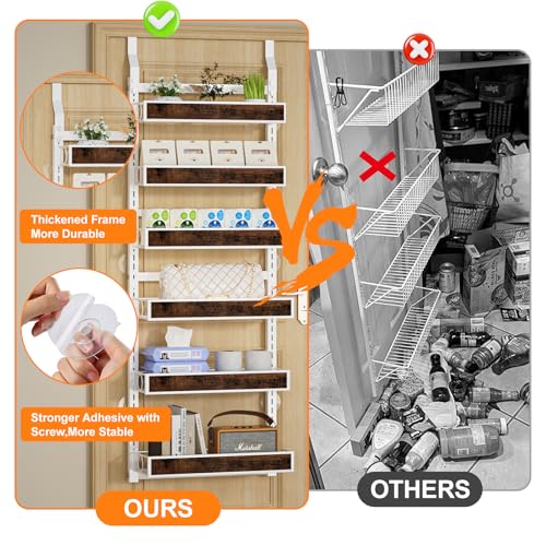6 Tier Over The Door Pantry Orangizer 2 IN 1 Wall Mounted or Hanging Spice Rack with Adjustable Wood Basket,Heavy Duty Seasoning Storage Shelf for Kitchen Pantry and Bathroom - color: White-Wood, size: 6 Tiers