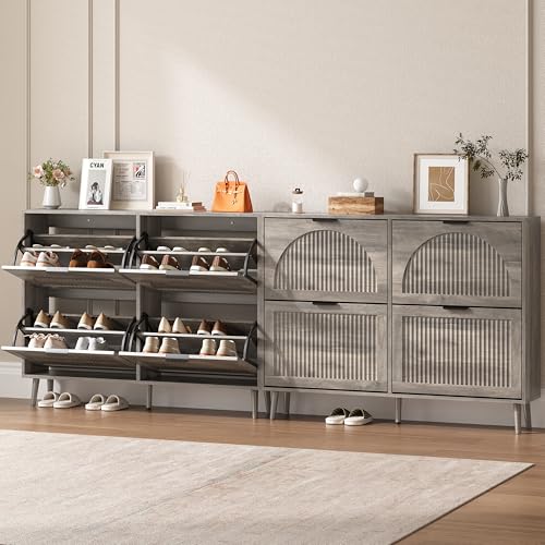 BORNOON Shoe Cabinet for Entryway with 4 Flip Drawers, Slim Wooden Shoe Storage Organizer with Modern Fluted Pannel，Freestanding Narrow Hidden Shoe Rack for Hallway, Foyer, Living Room - color: Grey, size: 4 Flip Drawers