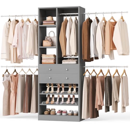 Besiost Closet System, 4.2–8.8 FT Closet Organizer with 2 Wooden Drawers and Shelves, Walk-in Closet System with 5 Hang Rods, Built-in Reach in Closet Tower, Can Fit 60 to 96 inch, Morandi Grey - color: Morandi Grey