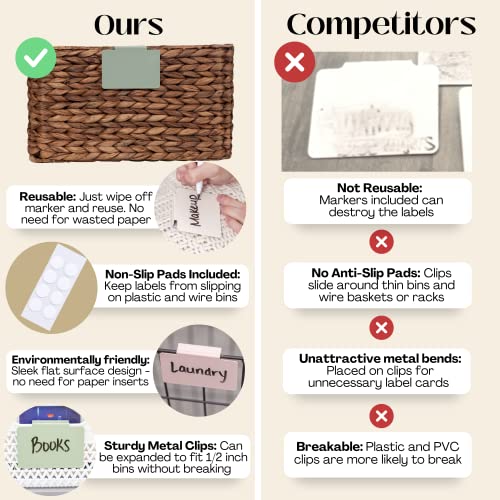 Hygge & Sage: Metal Non-Slip Basket Labels Clip On for Storage Bins, or Wire Racks | Includes 8 Labels, 8 Non-Slip Pads, and 2 Free Markers (Sage Green) - color: Sage Green