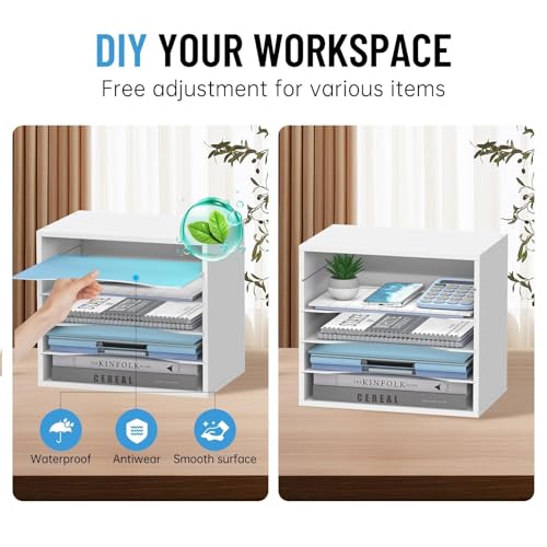5-Tier Wood Desk Organizer, Paper Tray Organizer for Desk with Adjustable Storage Shelves, Desktop File Organization Paper Sorter Mail Holder for Office Home Classroom, White - color: White, size: 5 Tier