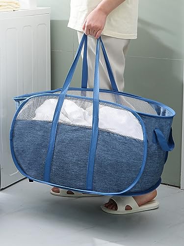 MOOMASS Pop-Up Laundry Basket，collapsible Mesh Laundry Hamper– With Extended Shoulder Straps, Sturdy Handles, and Premium Cationic Fabric (blue)… - color: blue