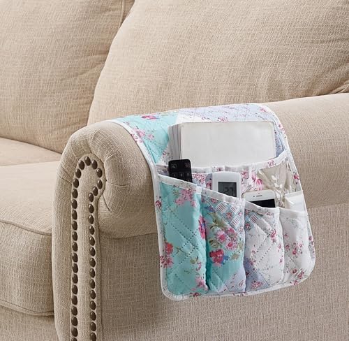 Brilliant Sunshine Blue and Green Rose Patchwork Couch Armrest 5 Pockets Organizer, Slip Resistant Armchair Caddy, Washable Remote Controls Holder, Storage for Magazine, Tablet, Phone, Blue Green - color: Blue Green