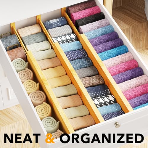 SpaceAid Bamboo Dresser Drawer Dividers 6 Pack, 4.65“ High Adjustable 17“-22” Drawer Organizers, Expandable Organization for Clothing, Clothes, Dressers, Natural - color: NATURAL, size: 4.65''H, 17''-22''L